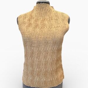 RAFAEL Textured Mock Neck Sleeveless Top Metallic Gold Polyester Smocked Medium